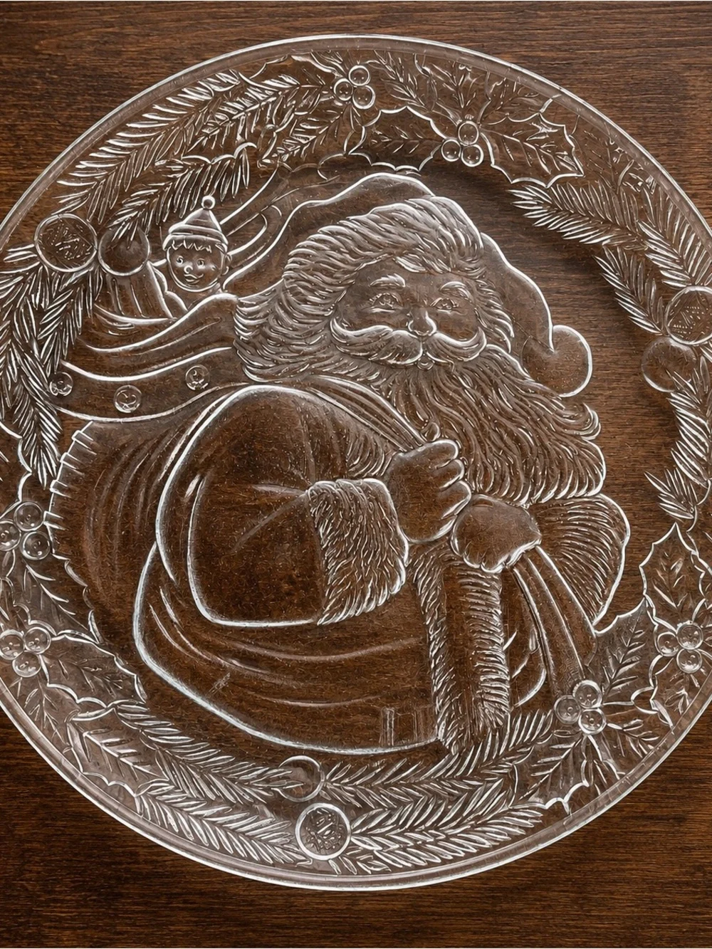 Clear Glass Santa Christmas Serving Platter Plate 12” Embossed Holiday c. 1990’s
